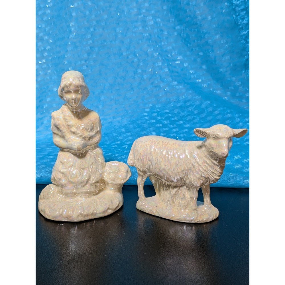 Vintage Holland Mold Iridescent White Nativity Figurine Shepherd w Lamb Standing